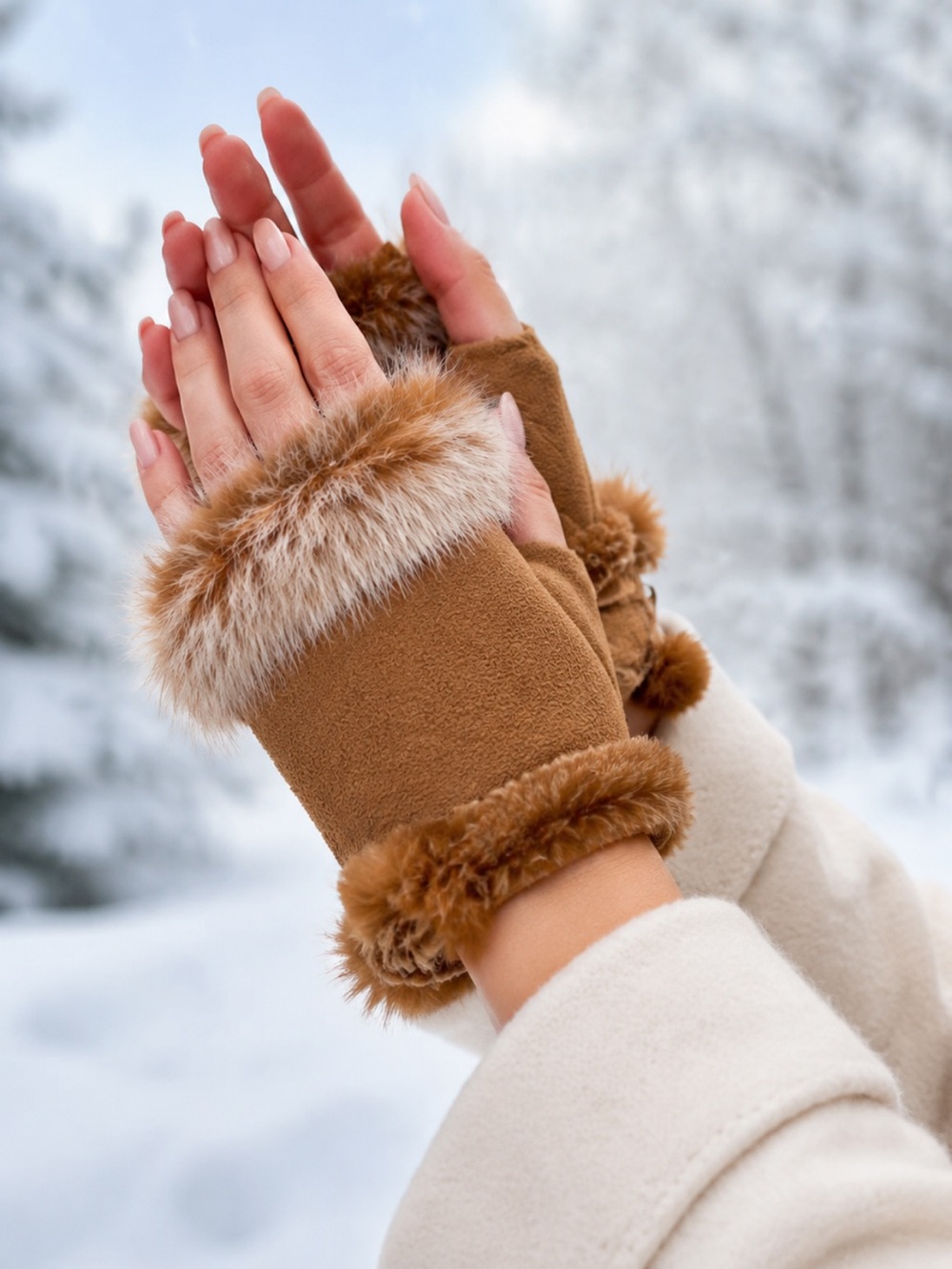 Chic Tan gloves no fingers with Faux Fur Trim❤️